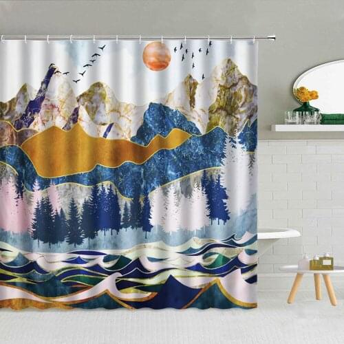 Outline In Gold Natural Scenery Shower Curtain Mountain Tree Bird Sun Marble Pattern Waterproof Bathroom Decor Hooks Curtains