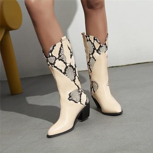 YMECHIC Sexy Snake Leather Splicing Mid-calf Boots for Womens 2021 Autumn Napped Inside Riding Equestrian Shoes Long Botas Free