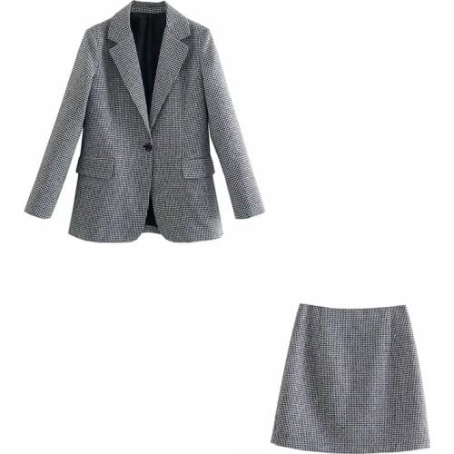 DYLQFS 2021 Women Two-piece Set Houndstooth Vintage Office lady Single Button Blazer Female Slim High Waist Skirt Suit