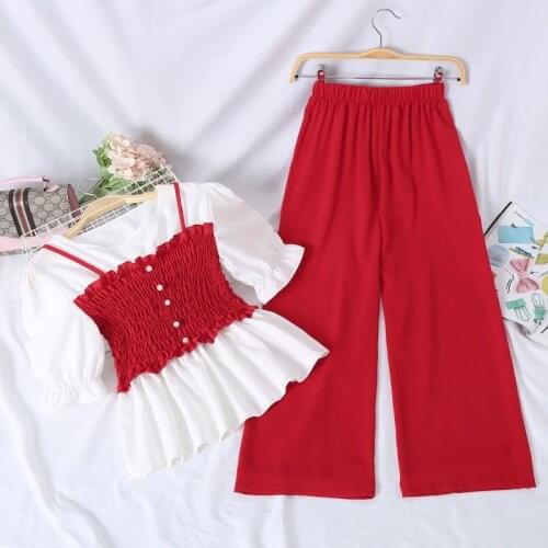 Women Suit 2021 Summer New Style Fashion Chiffon Wide Leg Pants And Short Sleeve Sling Splicing Crop Top Two Piece Set Tracksuit