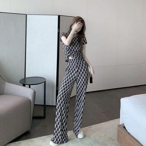 2021 Summer New Womens Suit Split Trousers Suit Student High-waisted Straight Loose Wide-leg Pants Fashion T-shirt Two Piece Set