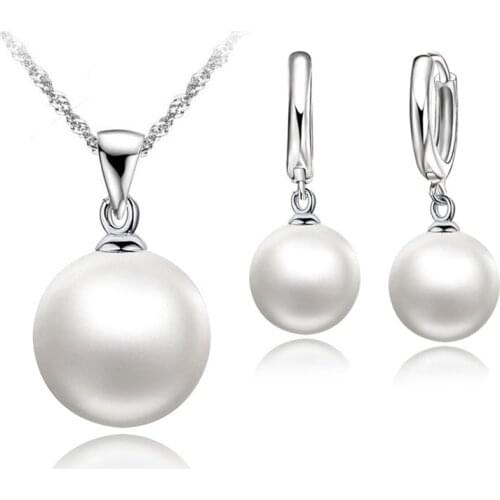 Big Sale Top Quality Round Pearl Pendant Necklace Earrings 925 Sterling Silver Fresh Pearl Jewelry Sets Free Shipping