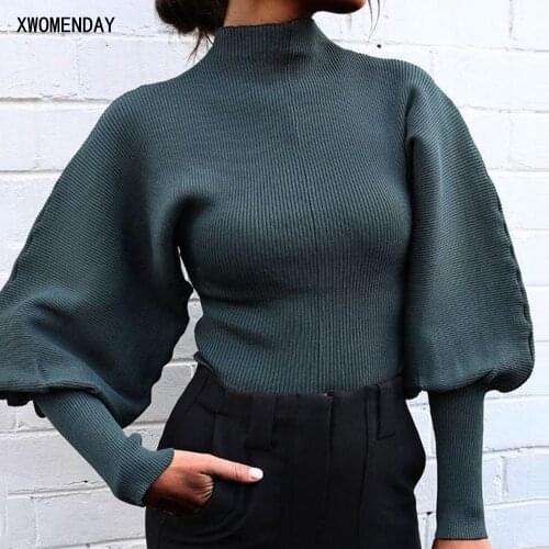 Sweaters For Women Fashion Black Turtleneck Fall Winter Clothes Lantern Sleeve High Neck Knit Ribbed Tops Jumper Pullovers Chic