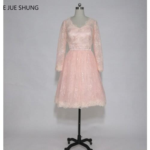 E JUE SHUNG robe de mariage Pink Lace Long Sleeves Short Wedding Dresses 2018 V-Neck Bridal Gowns vestidos de novia trouwjurk