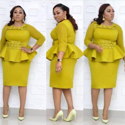 2021African Dress For Women Flower Stitching Mesh Beaded 3/4 Sleeves Ruffled Plus Size Midi Office Ladies Casual Work Wear Dress