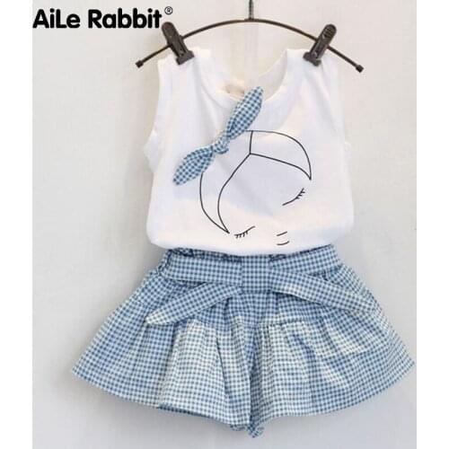 AiLe Rabbit Girls Fashion Clothes Set Short Sleeve Shirt Short Skirt 2 Piece Suits Cartoon Girl Bow Cotton Kids Clothes Set k1