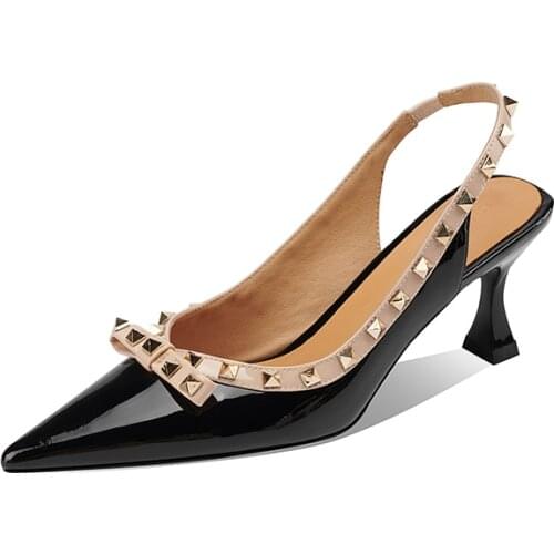 Kmeioo genuine leather rivets High Heel pumps Pointed toe thin heels sandals sexy party Female Shoes Office Ladies Wedding 6.5cm