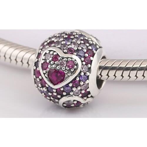 Authentic S925 Asymmetric Hearts Of Love With Crystal Bead Charm fit Lady Bracelet Bangle DIY Jewelry