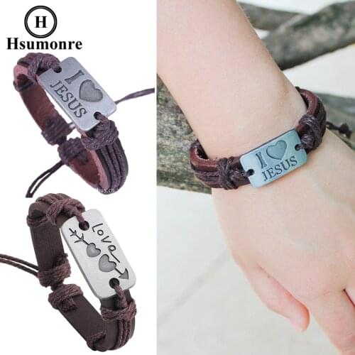 Love Strand Bracelets Vintage Leather Rope Jesus Heart Engraved Wrap Bracelet Braided Style Slipknot Adjustable Brown Wristbands