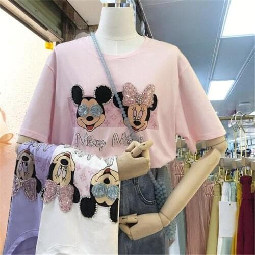 Disney Cartoon Womens T-shirt Mickey Minnie Mouse Summer Tshirt Ladies Pink Top Harajuku Short Sleeve Casual O-Neck Streetwear
