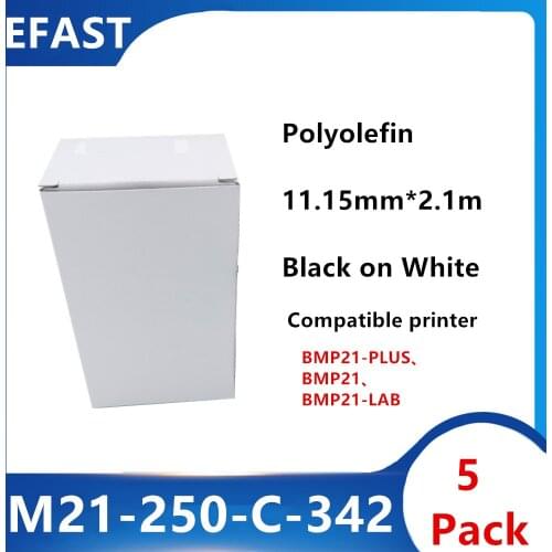 5 Pack bmp21 M21-250-C-342 Polyolefin maker Label Ribbon Black On White BMP21 PLUS Printer label maker label tape 11.15mm * 2.1m