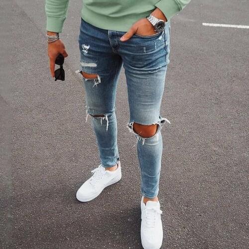 Men‘s Jeans Fashion Casual Sports Long Pants Mens Plus Size Solid Color Trousers Joggers Pants 2021 Autumn New Male Ripped Jeans