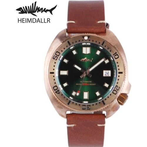 Heimdallr Mens Turtle Diver Watch Green Dial Brushed CuSn8 Bronze Case Sapphire Crystal NH35 Automatic Movement Leather Band