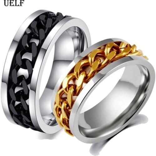Uelf 8mm Cool Black Spinner Chain Ring for Men Tire Texture Stainless Steel Rotatable Links Punk Male Anel