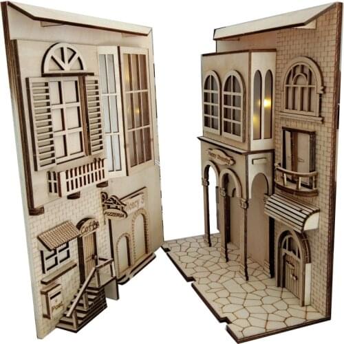 DIY Wooden Dragon Alley Book Nook Shelf Insert Kits Bookends European Town Building Model Bookshelf With Led Light Furniture Toy