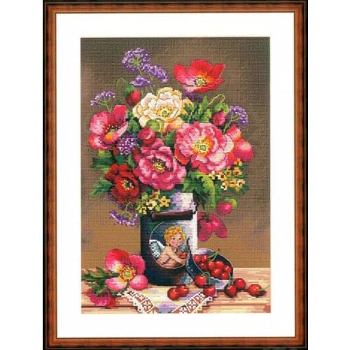 Gold Collection Counted Cross Stitch Kit Cupids Flowers Bouquet Vase Merejka Peonies Flower Peony