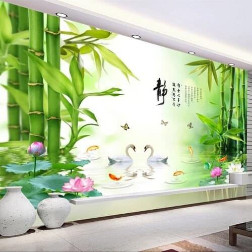 Custom Green Bamboo Lotus Flower Swan 3D Photo Mural Wallpaper For Kitchen Bedroom Study Living Room Landscape Art Wall Painting