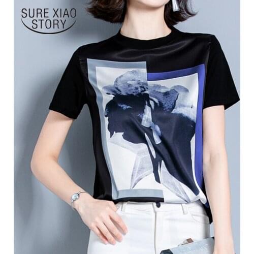 2020 Summer New Fashion Print Shirt O-Neck Silk Women Blouses Plus Size Loose Clothes Short Sleeve Women Tops and Blouses 10158