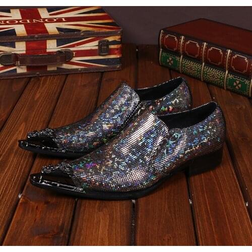 Christia Bella Personalized Fashion Pointed Toe Male Nightclub Shoes Multicolor Sequins Genuine Leather Mens Party Prom Shoes