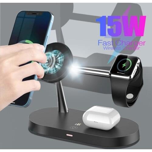 Qi Magnetic Wireless Charger Holder 3in 15W Quick Charge Smartphone Desktop Stand For Apple Airpods Watch For iPhone 12 Pro Max