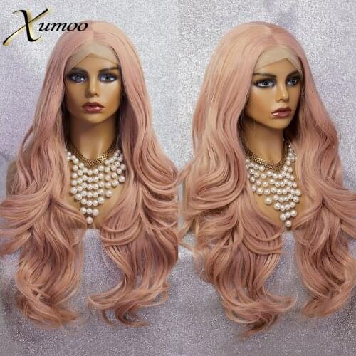 XUMOO High Temperature Fiber Synthetic Wig Long Wavy Pink Synthetic Lace Front Wig Glueless Cosplay Wigs For Black Women