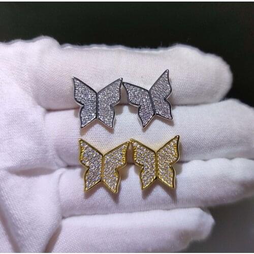 Micro Pave AAA Cubic Zirconia Bling Iced Out Butterfly Stud Earring for Women Men Hip Hop Rapper Jewelry