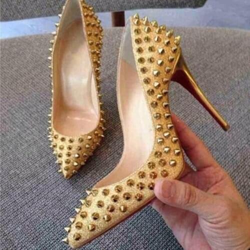 Sequins Bling Leather Studs Pumps Sexy Metal Rivets High Heel Shoes Pointed Toe Slip On Thin Heel Spikes Party Bridal Bling Heel
