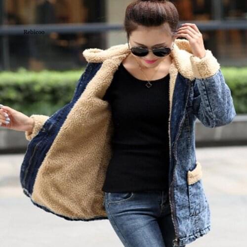 Warm winter Wool lining women Bomber denim jacket New style European Female Jeans Coat high quality jaqueta feminina