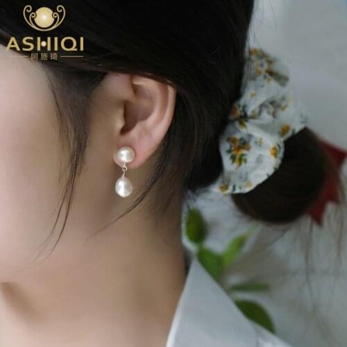 ASHIQI 8-9mm White Baroque Double Pearl Drop Earrings for Women with 925 Sterling Silver Handmade wedding Jewelry Gift
