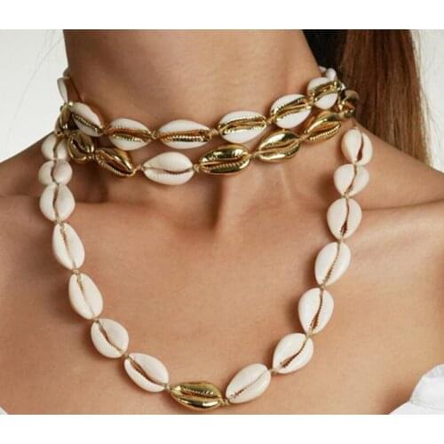 Fashion Nature Sea Shell and Zinc Alloy Charm Necklace Beige Cord Gold Color Hand Jewelry Necklace Bracelet for women Jewelry