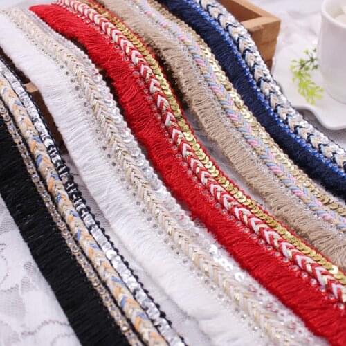Braided Polyester Lace Fabric With Sequins Tassel Ribbon Trim DIY Collar Dress Sewing Garment Headdress Material 3cm 0.9m 1PC