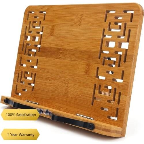 Bamboo Book Stand Reading Rest Holder Cookbook Cook Stand/Foldable Tablet PC Textbook Stand/Desk Bookrest with Retro Hollow
