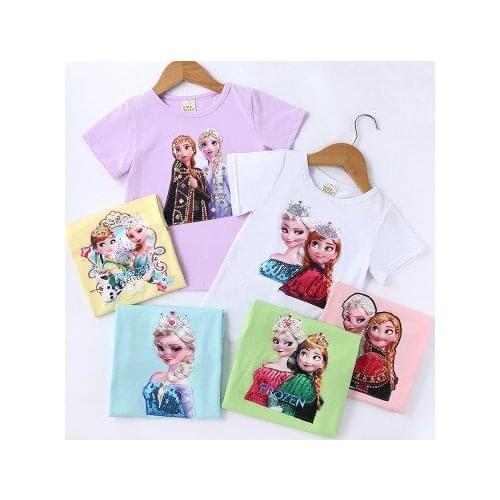 Disney new cartoon children frozen princess boys and girls short-sleeved sequined cotton top with lights LED