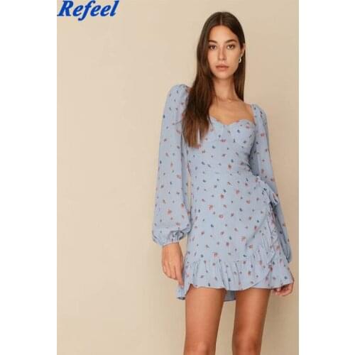 Elegant Red Floral Print Chiffon Blue Vestidos Retro Long Sleeve Side Bandage Dresses Vintage Ruffles Dress