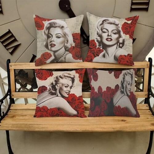 Red Rose Marilyn Monroe Print Cotton Linen Throw Pillows Home Decoration Art Vintage Retro American Sofa Cushions Car Pillows