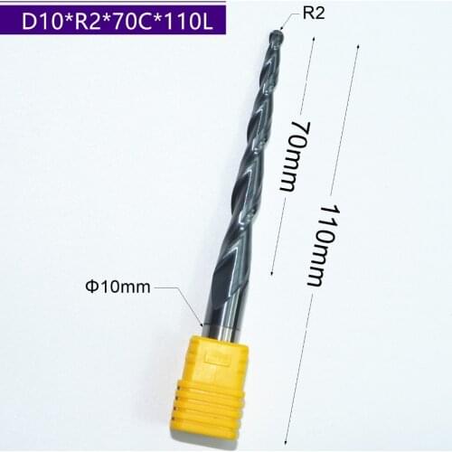 HRC55 solid carbide D10*R2*70*110L TiALN Coated Taper Ball Nose End Mill,cone milling cutter,Spherical woodworking router bit