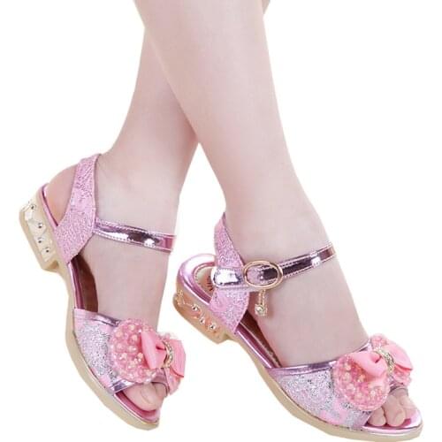 Kids Little Teenagers Girls Summer Pink Gold High-heeled Lace Sandals For Girls School Open-toe Princess Sandals Shoes New