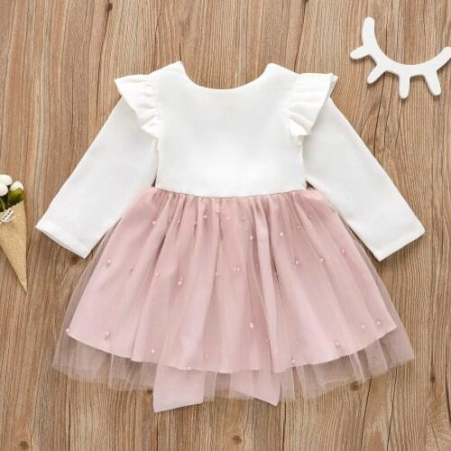Cute Infant Baby Girls Formal Dress Bowknot Pearls V-Neck Long Sleeve Mesh Lace Dress for Summer Toddler Kids Princess Dresses