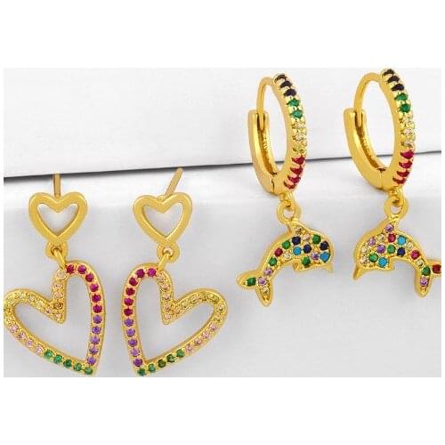 Dolphin multicolor Brass micro pave cz zircon cubic zirconia drop Hoop Earrings copper gold plated crystal studs dbwf2