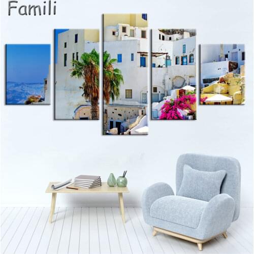Modular 5pcs Venice Landscape Painting Venice Santorini Island Oil Paint Framed Canvas Prints Decorations Wall Art Wall Pictures