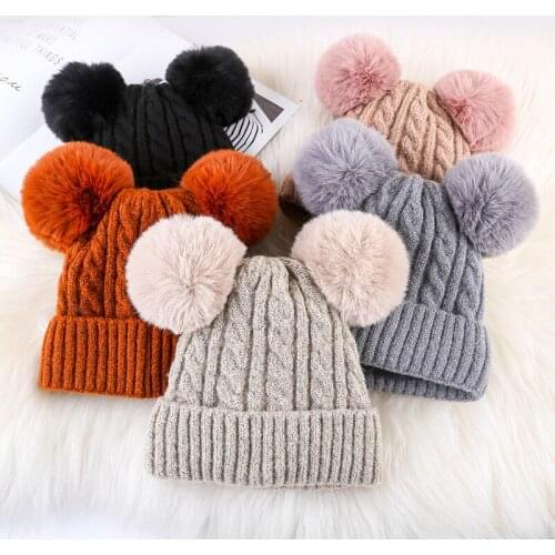 New Warm Knitted Womens Hat Striped Winter Hats For Men Double Fur Pompom Wool Beanies Thick Skullies Cap faux Pompom Hat Femme