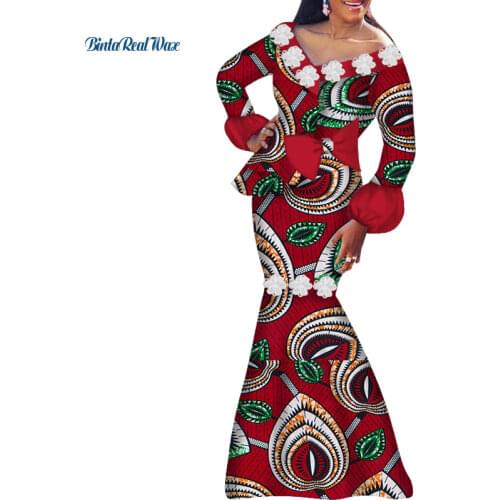 Long Sleeve African Women Dress Bazin Riche Cotton African Wax Print Floor-Length Party Dress African Women Clothes WY6282