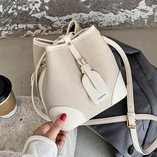 Casual Womens Leather Shoulder Bag Patchwork Nubuck PU Leather Small Bucket Crossbody Bag Fashion Designer Handbags And Purses