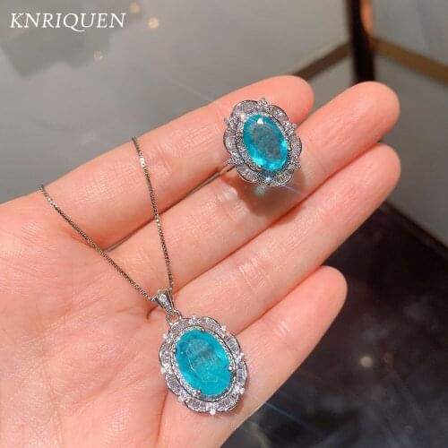 Luxury 925 Silver Jewelry Sets for Women Charms Oval Paraiba Tourmaline Gemstone Lab Diamond Pendant Necklace Ring Wedding Jewel