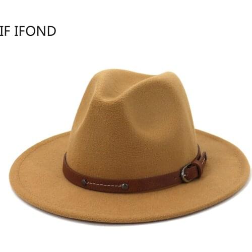 Lady British Fashion Wide Brim Simple Top Fedoras Hat Unisex Jazz hat With Belt Vintage Trilby Felt Hat