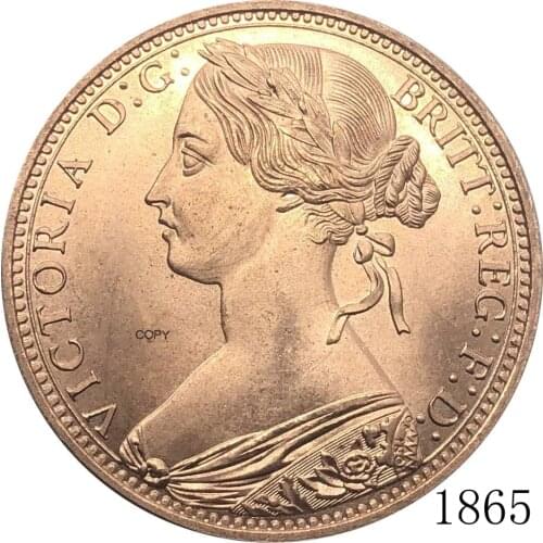 United Kingdom 1865 1 One Penny Queen Victoria Great Britain Bronze Portrait Red Copper Copy Coin With Smooth Edge