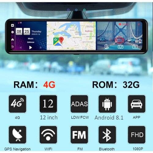 TAVIN 4G Car DVR Camera Android 8.1 Dash cam 12 inch Rearview mirror wifi ADAS Video recorder FHD 1080P Reverse camera DVRs