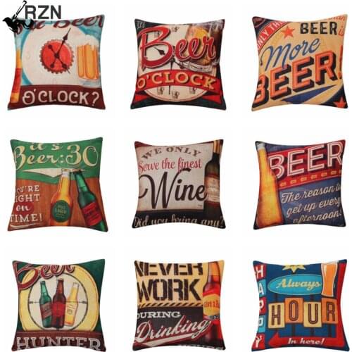 Vintage Beer Bottle Cartoon Pillow Case Alphabet Beer Printed Throw Pillow Vintage Home Decorative Cotton Linen Pillow Case
