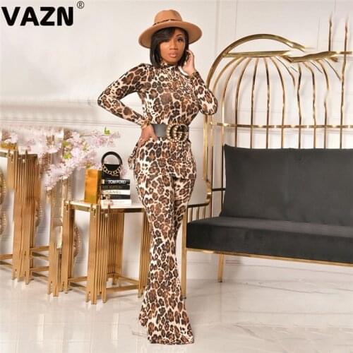 VAZN 2020 Top Quality Leopard Sweet Sexy Club Turtleneck Full Sleeve Group High Waist Long Flare Pants Slim Women 2 Piece Set