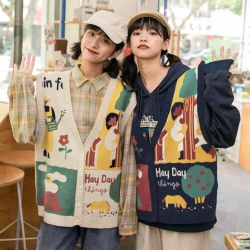 2021 Winter Harajuku Women Casual Sweater Vest Cartonn Jacquard Embroidery Knitted Pullover Sleeveless V-neck Ladies Outwears